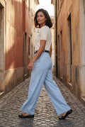 Baby Blue High-waisted Wide-leg Tailored Trousers with Belt - Wide leg trousers - Photo 10