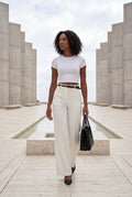 White High-waisted Wide-leg Tailored Trousers with Belt - Wide leg trousers - Photo 18