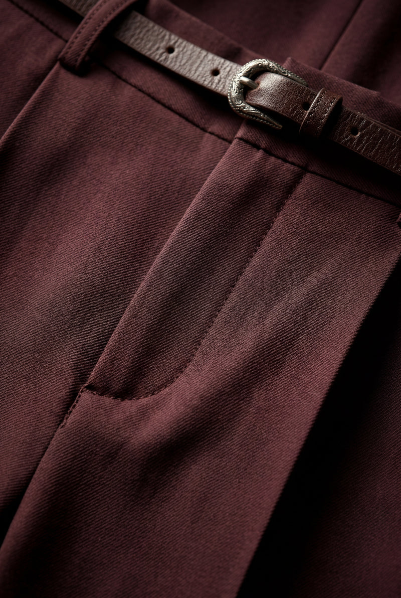 Burgundy High-waisted Wide-leg Tailored Trousers with Belt - Wide leg trousers - Photo 4