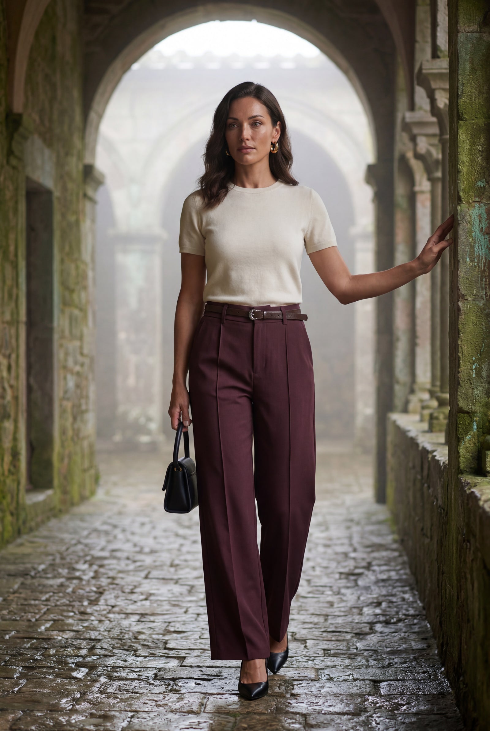 Burgundy High-waisted Wide-leg Tailored Trousers with Belt - Wide leg trousers - Photo 5