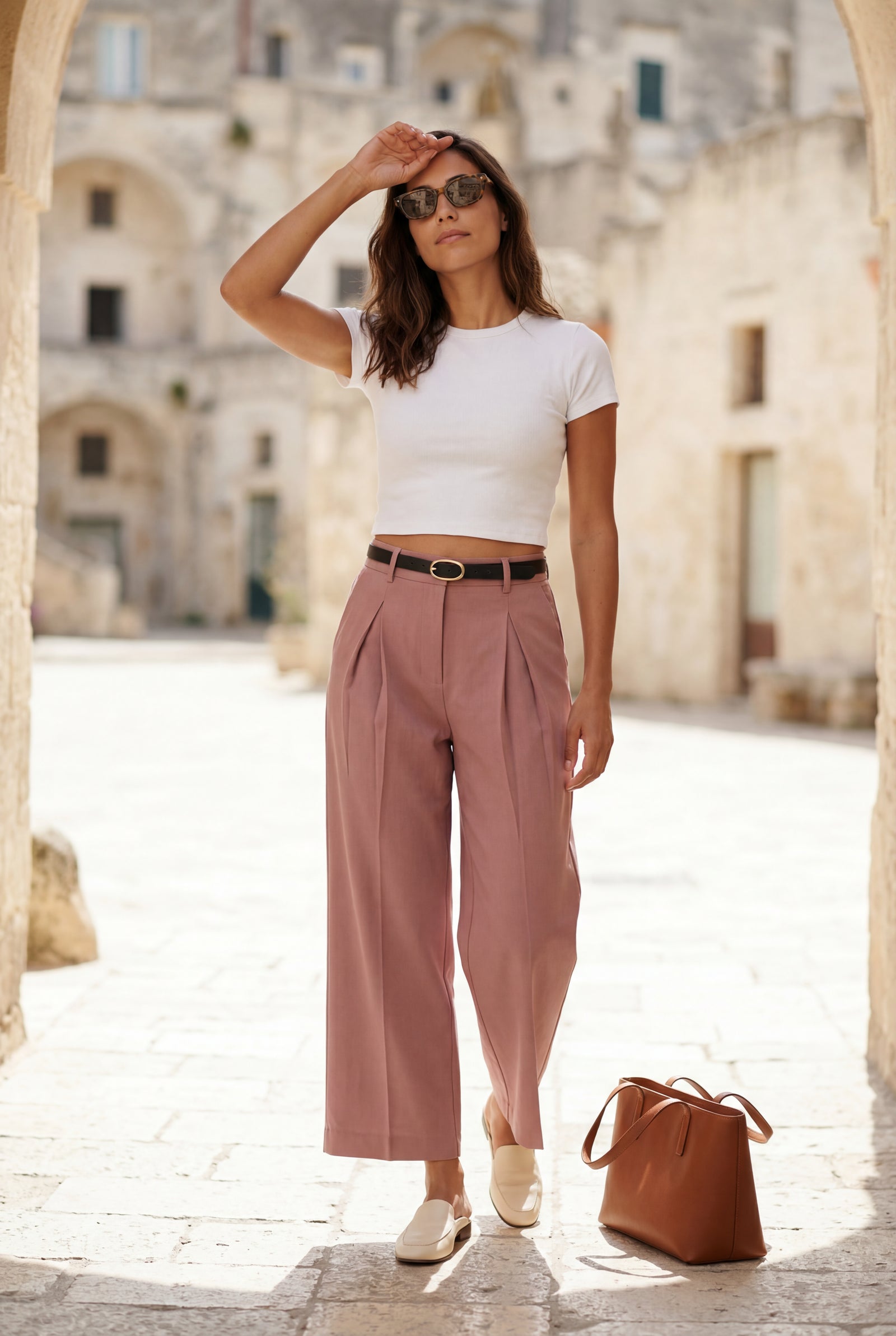 Pink High-waisted Wide-leg Tailored Trousers with Belt - Wide leg trousers - Photo 9