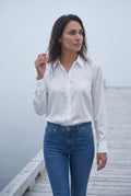 White Lustrous Tailored Long Sleeve Button-up Blouse - Blouses - Photo 15