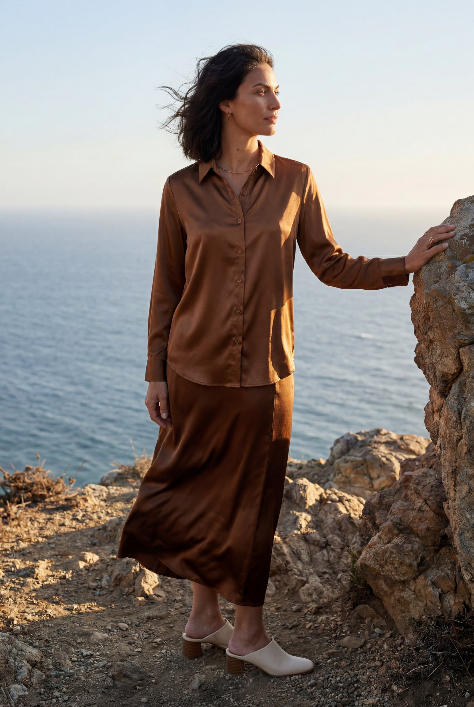Brown Lustrous Tailored Long Sleeve Button-up Blouse - Blouses - Photo 19