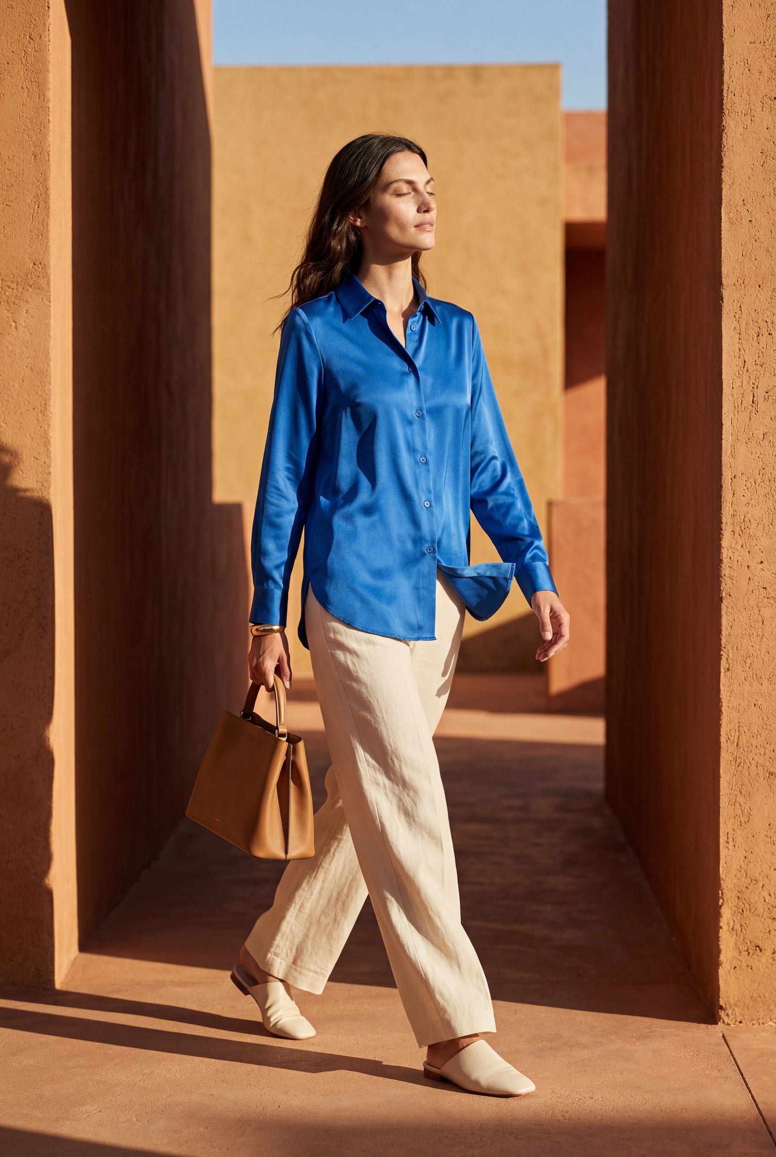 Blue Lustrous Tailored Long Sleeve Button-up Blouse - Blouses - Photo 21