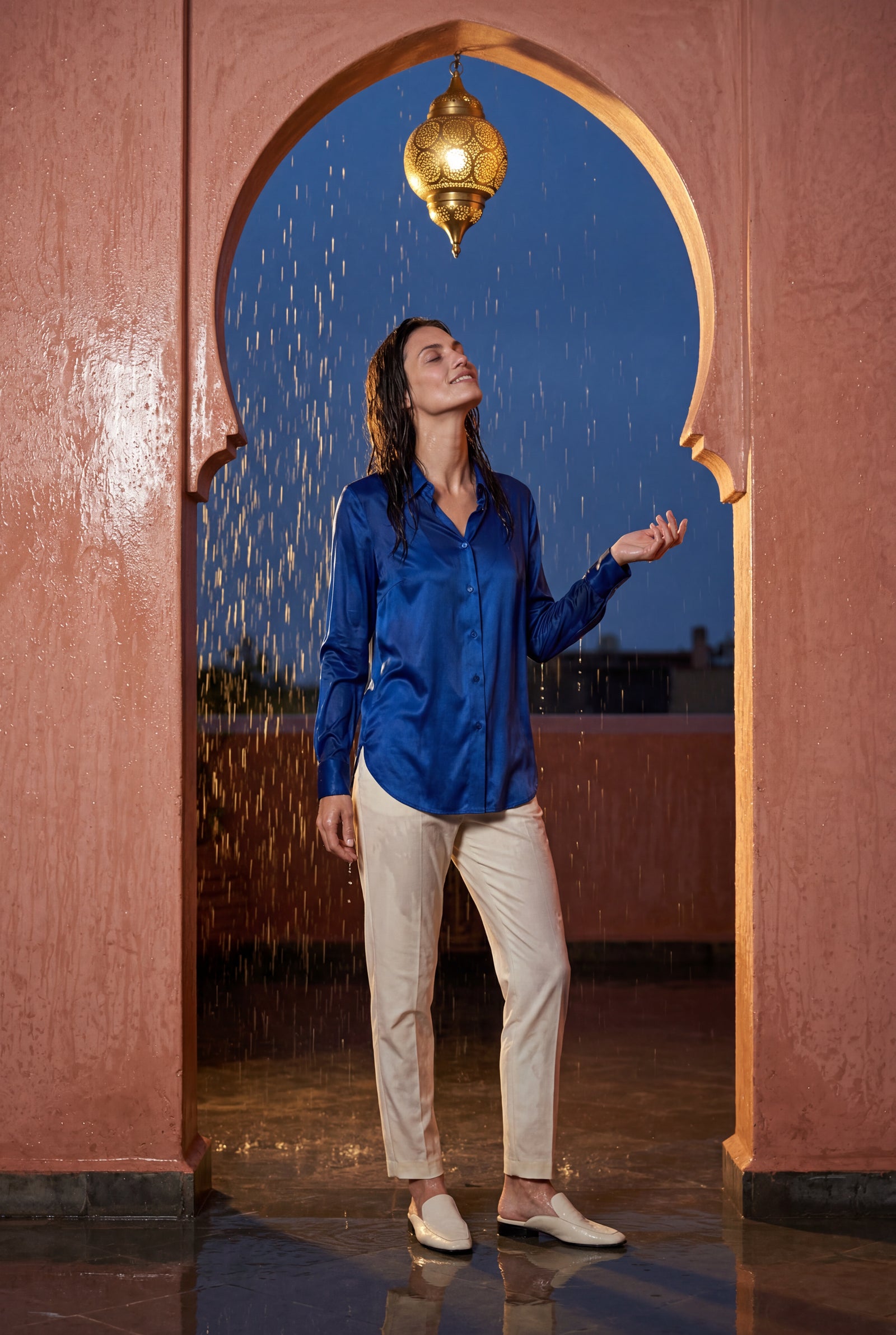 Blue Lustrous Tailored Long Sleeve Button-up Blouse - Blouses - Photo 22