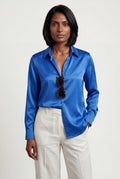 Blue Lustrous Tailored Long Sleeve Button-up Blouse - Blouses - Photo 7