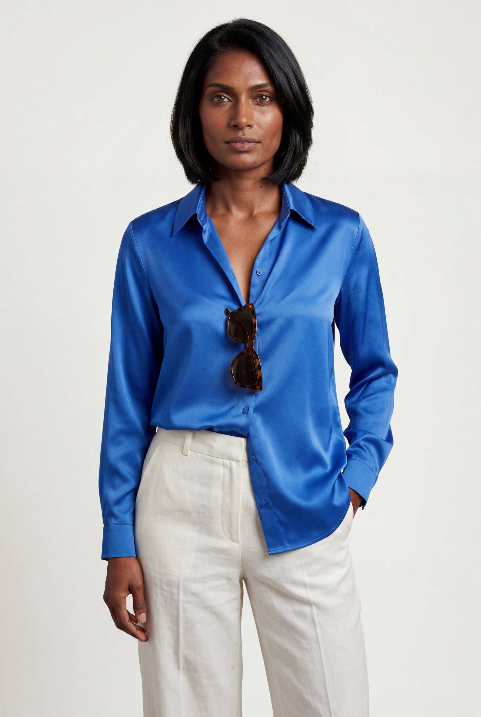 Blue Lustrous Tailored Long Sleeve Button-up Blouse - Blouses - Photo 7