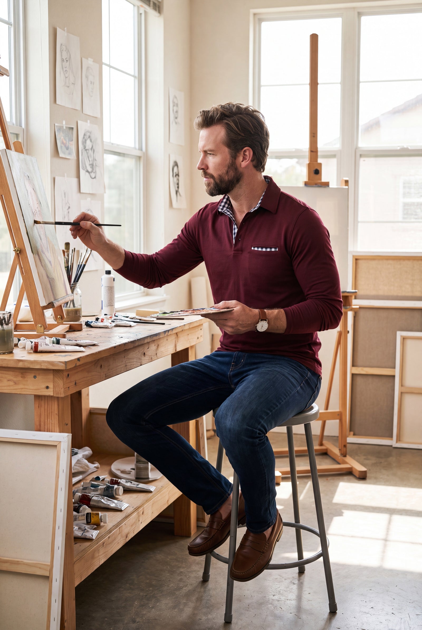 Men Polo Shirt Long Sleeve Checkered Collar in Burgundy — lifestyle creative studio