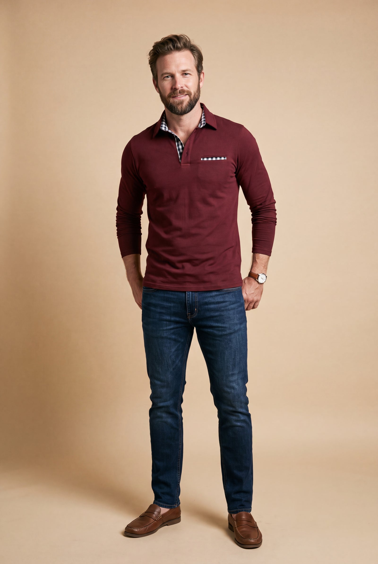 Men Polo Shirt Long Sleeve Checkered Collar in Burgundy — studio front