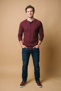 Men's Henley Shirt Long Sleeve Button Placket in Burgundy — studio front