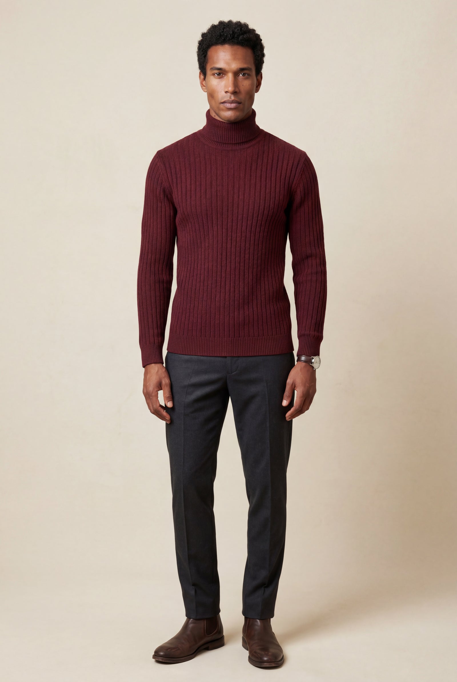 Burgundy Men's Cable Turtleneck Slim Fit Sweater - Turtleneck sweater - Photo 8