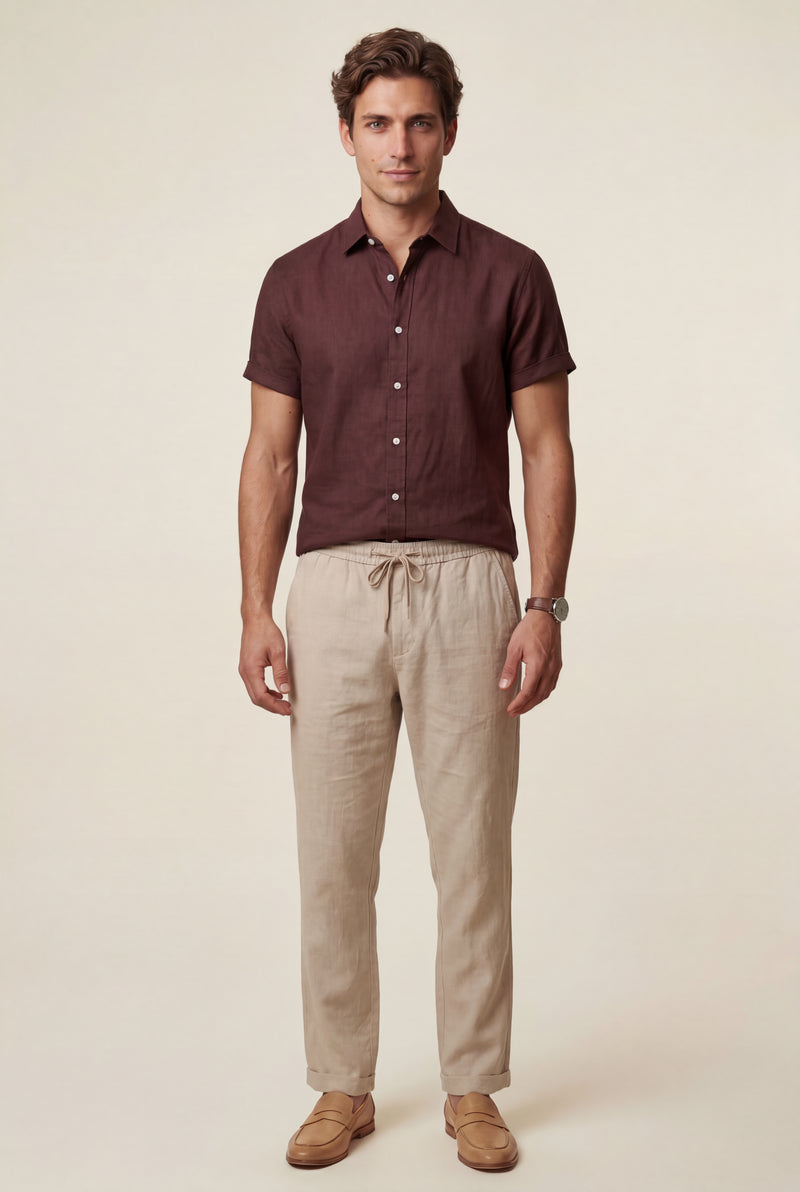 Burgundy Men's Relaxed Short Sleeve Shirt and Drawstring Trouser Set - Casual set - Photo 1