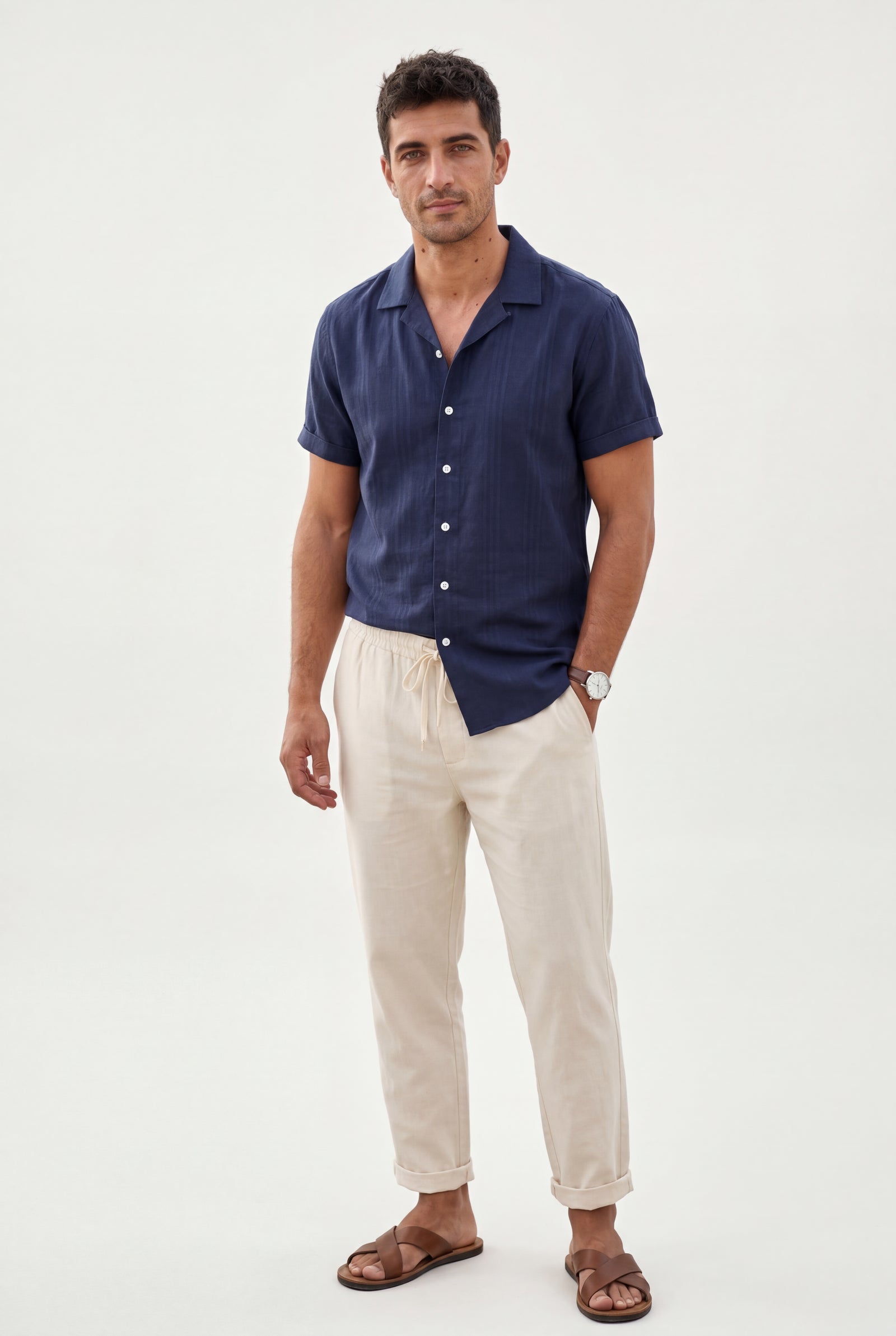 Navy Blue Men's Relaxed Short Sleeve Shirt and Drawstring Trouser Set - Casual set - Photo 2