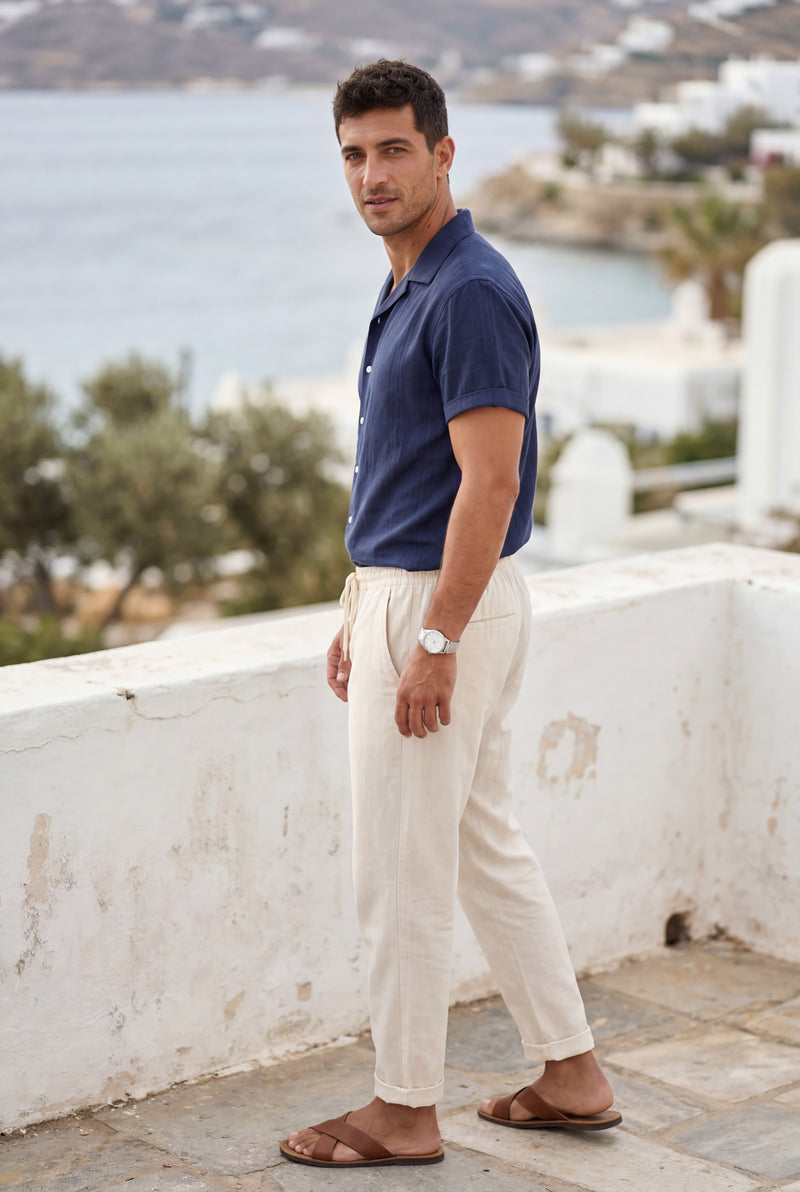 Navy Blue Men's Relaxed Short Sleeve Shirt and Drawstring Trouser Set - Casual set - Photo 4