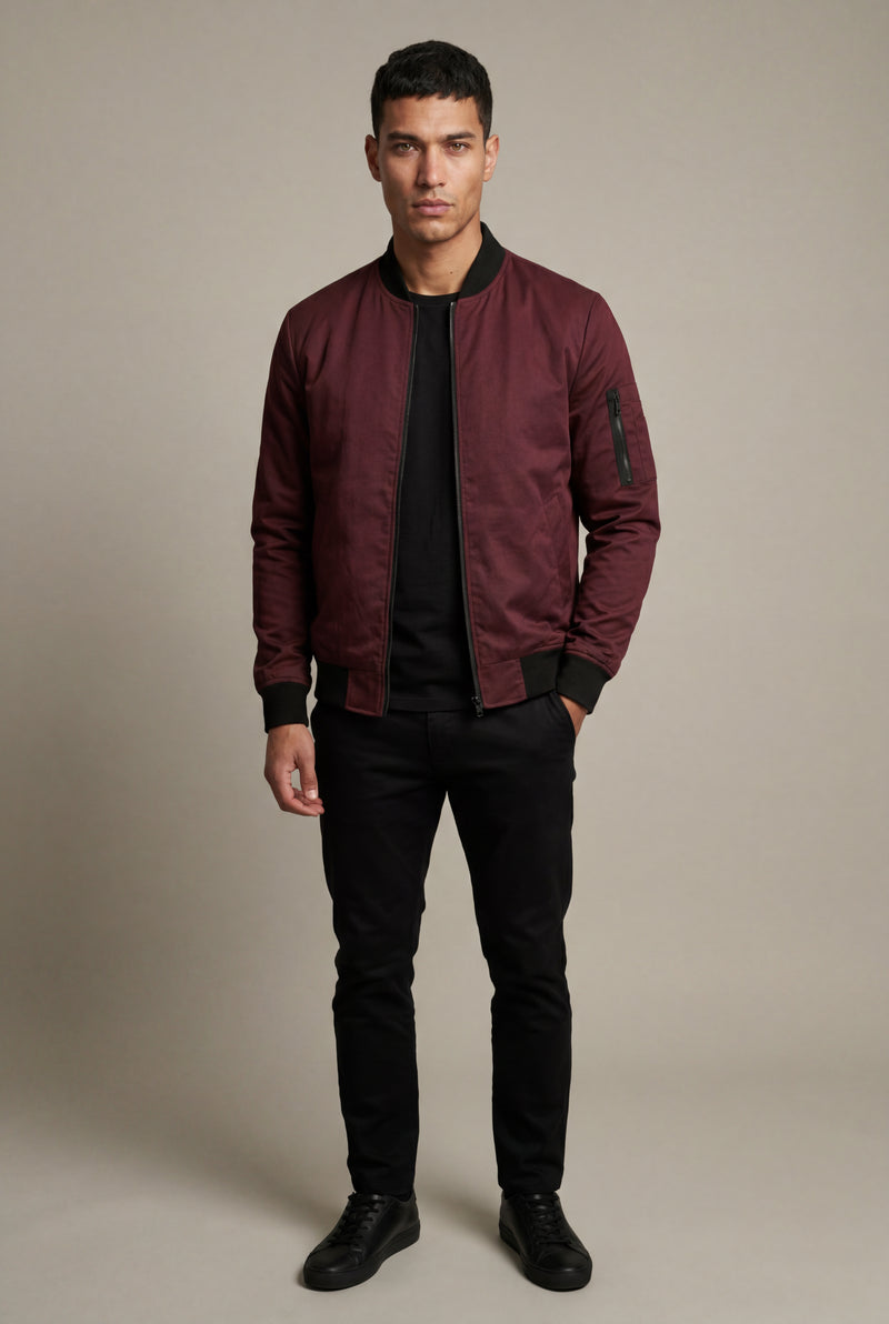 Burgundy Men's Slim-Fit Minimalist Classic Bomber Jacket - Photo 4