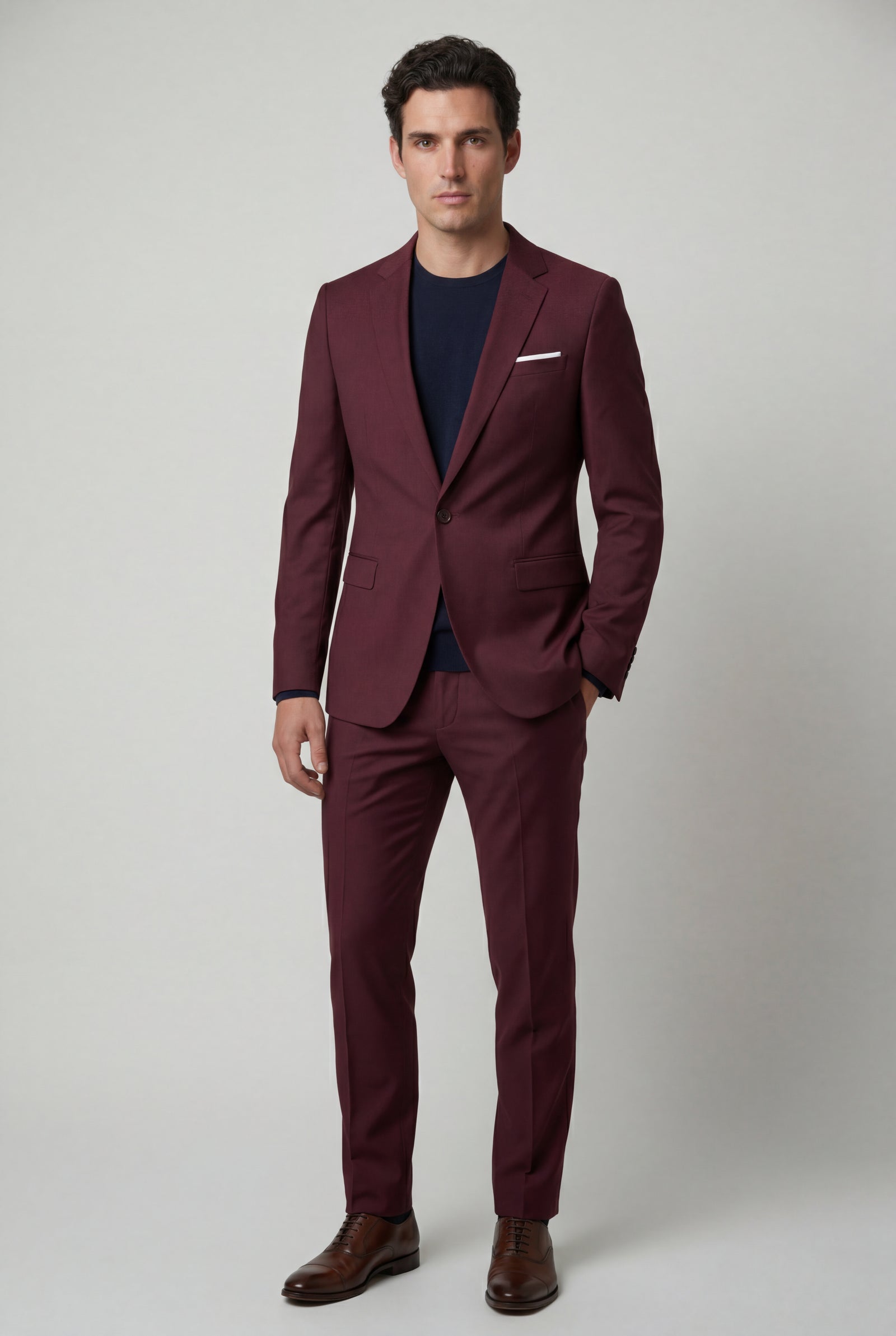 Burgundy Modern Fit Tailored Two Piece Suit with Notch Lapel Jacket - Photo 13