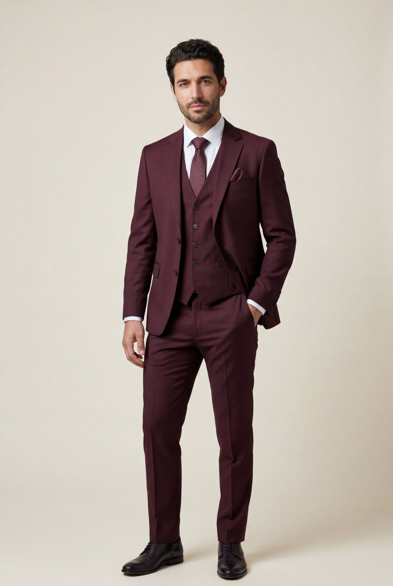 Burgundy Notch Lapel Tailored Three-piece Suit - Photo 13