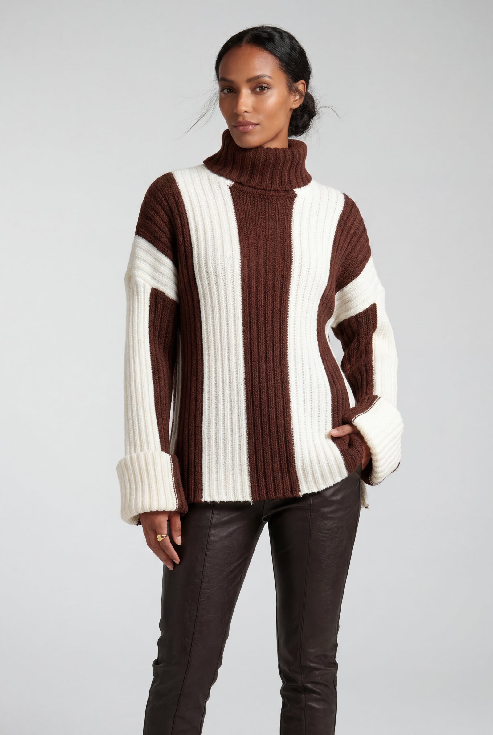 Dark Brown Oversized Chunky Ribbed Turtleneck Striped Sweater - Oversized sweater - Photo 5