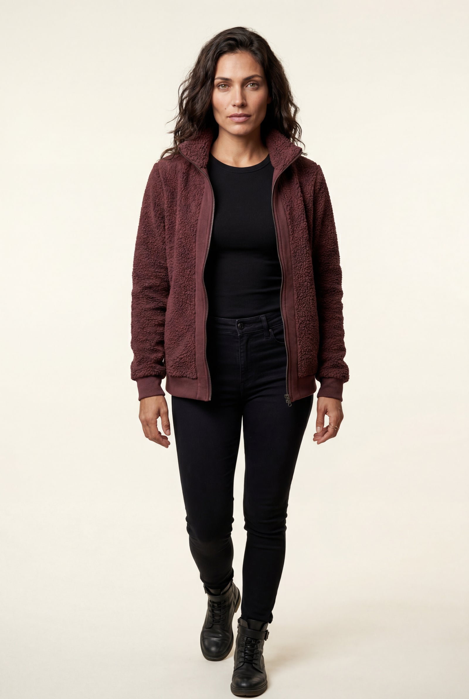 Burgundy Plush Zip-up Jacket with Stand Collar - Fleece jacket - Photo 1