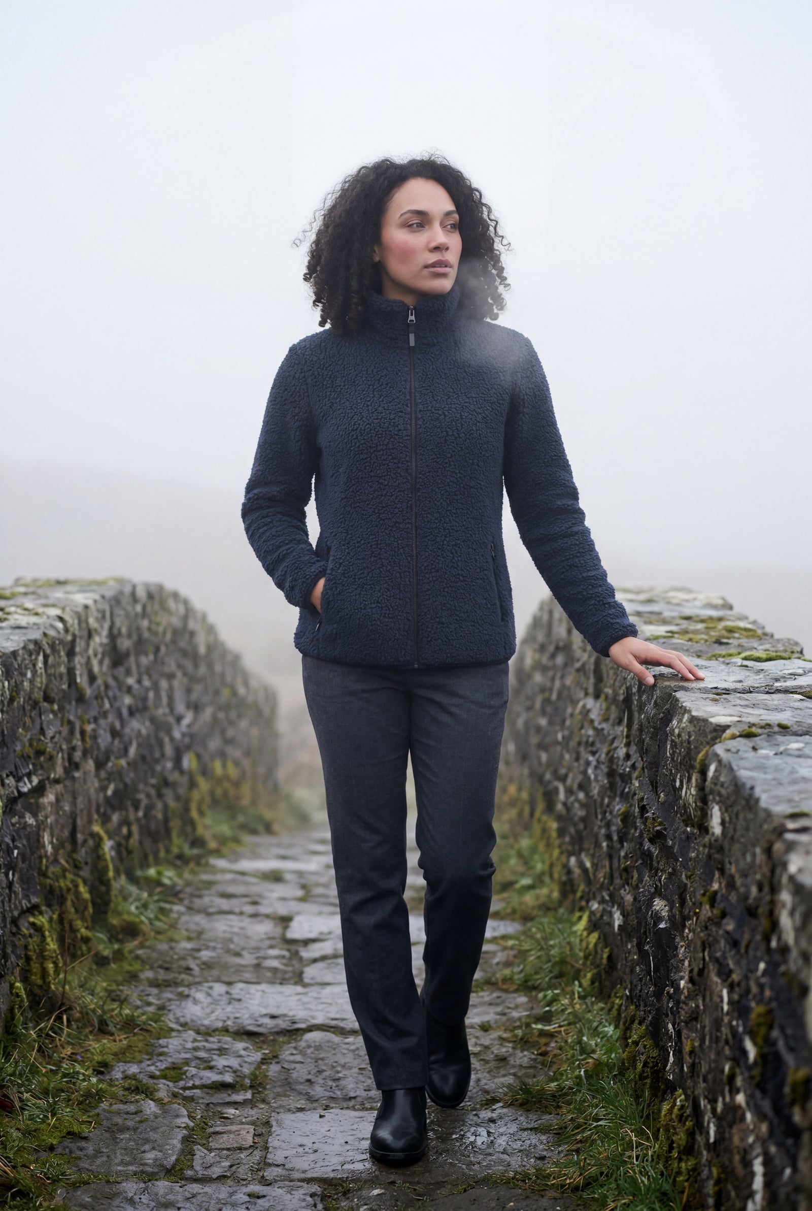 Navy Blue Plush Zip-up Jacket with Stand Collar - Fleece jacket - Photo 13