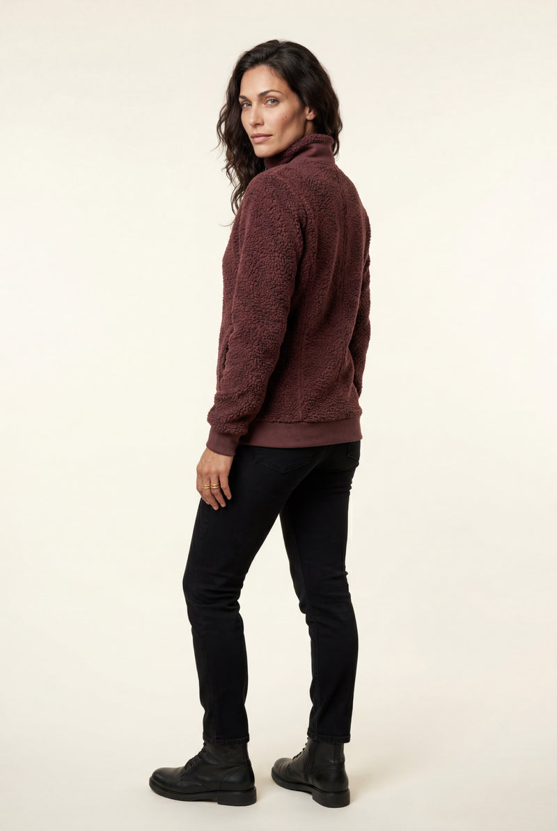 Burgundy Plush Zip-up Jacket with Stand Collar - Fleece jacket - Photo 2