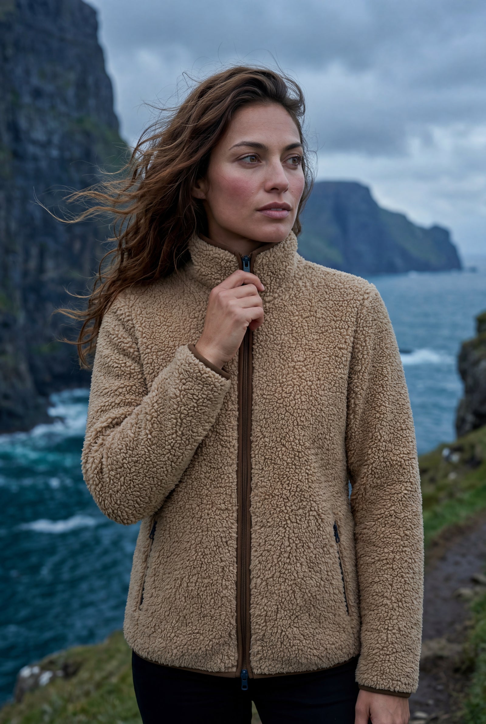 Khaki Plush Zip-up Jacket with Stand Collar - Fleece jacket - Photo 9