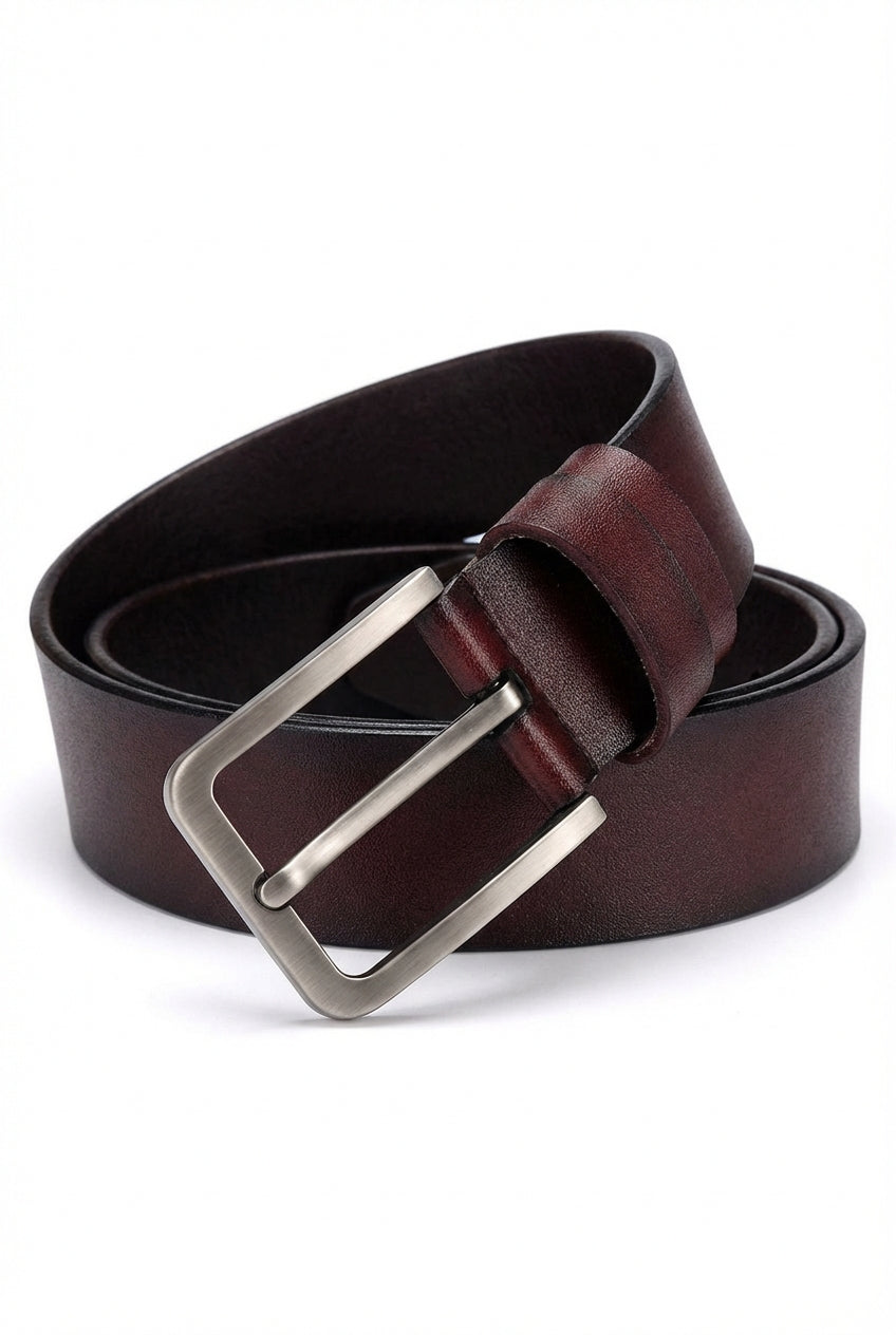 Burgundy Rectangular Metal Buckle Classic Belt with Tapered Tip - Belts - Photo 1