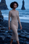 Khaki Ribbed Bodycon Midi Dress with Long Sleeves - Bodycon dress - Photo 12