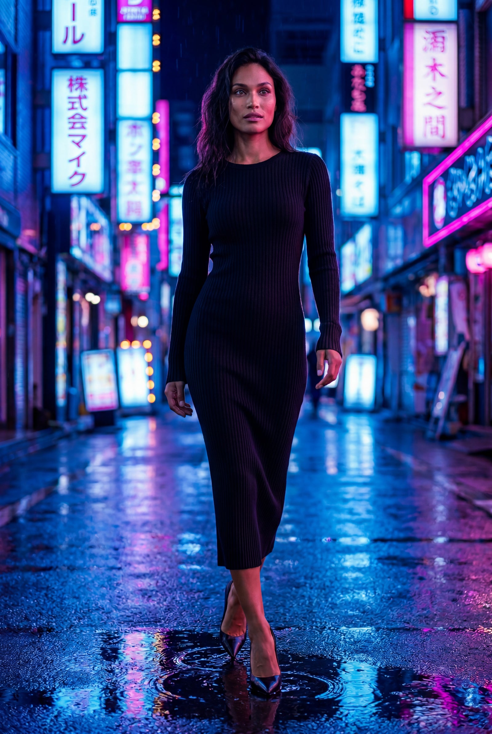 Black Ribbed Bodycon Midi Dress with Long Sleeves - Bodycon dress - Photo 16