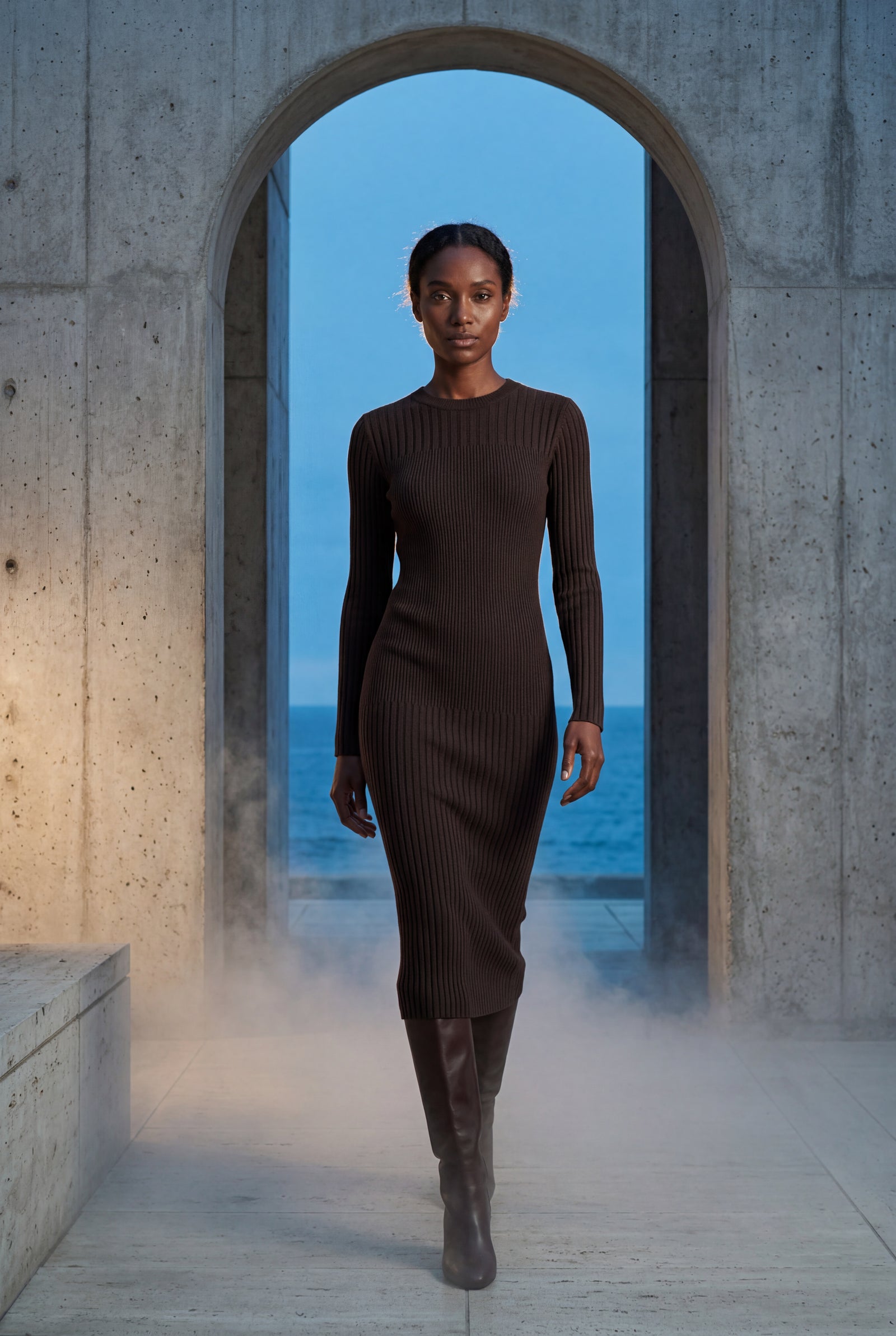 Brown Ribbed Bodycon Midi Dress with Long Sleeves - Bodycon dress - Photo 17