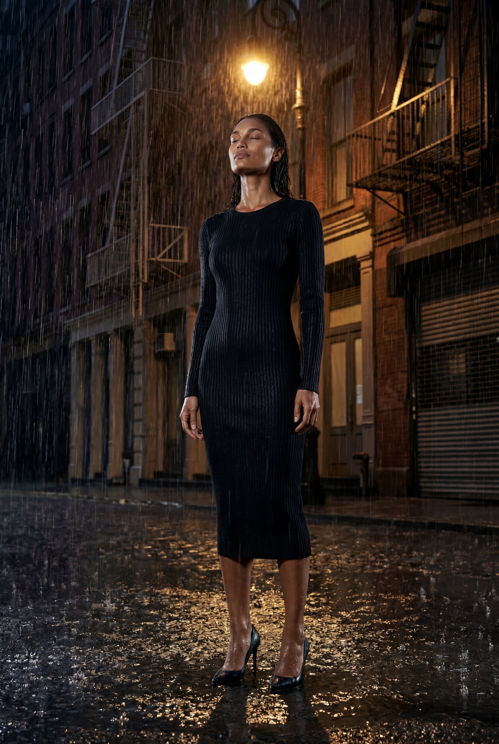 Black Ribbed Bodycon Midi Dress with Long Sleeves - Bodycon dress - Photo 19