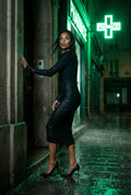 Black Ribbed Bodycon Midi Dress with Long Sleeves - Bodycon dress - Photo 20