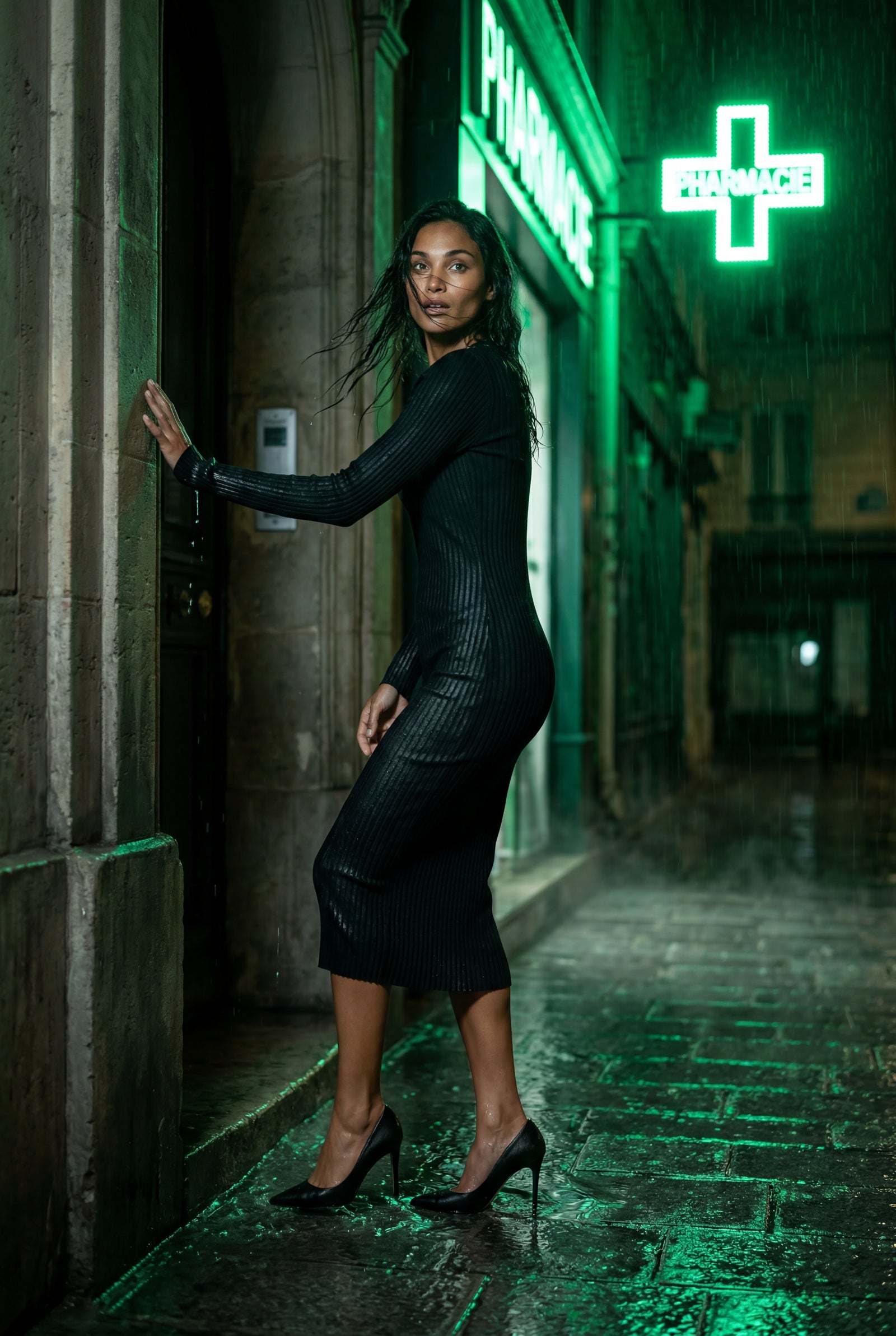 Black Ribbed Bodycon Midi Dress with Long Sleeves - Bodycon dress - Photo 20