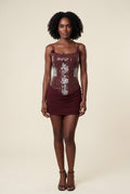 Burgundy Ruched Draped Mini Dress with Spaghetti Straps - Photo 2