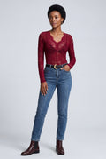 Burgundy Scalloped Floral Lace Long Sleeve Bodysuit Top - Lace top - Photo 5