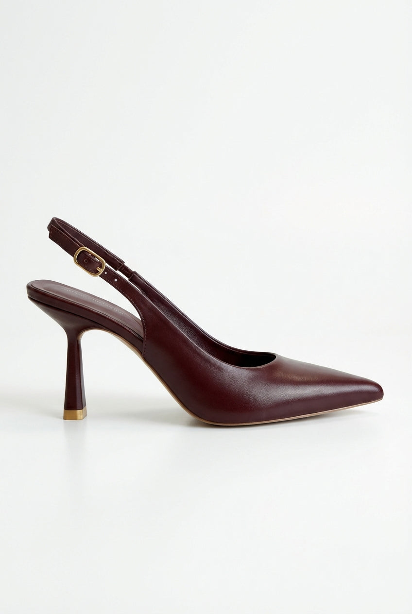 Burgundy Sculpted Slingback Pointed Toe Heels with Gold Heel Tip - Slingback heels - Photo 1