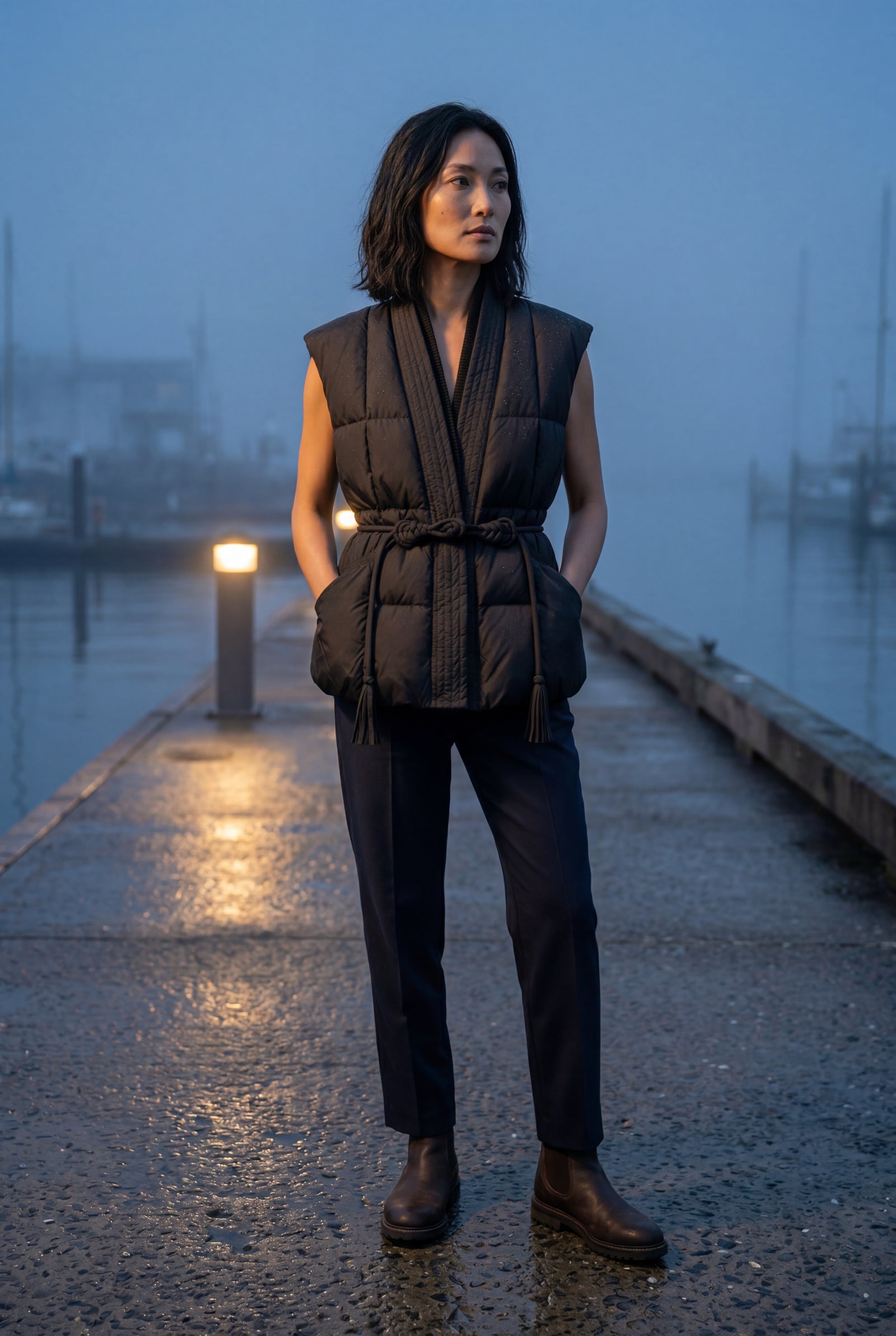 Black Sleeveless Belted Padded Bodywarmer Vest with Rope Belt - Bodywarmers - Photo 6