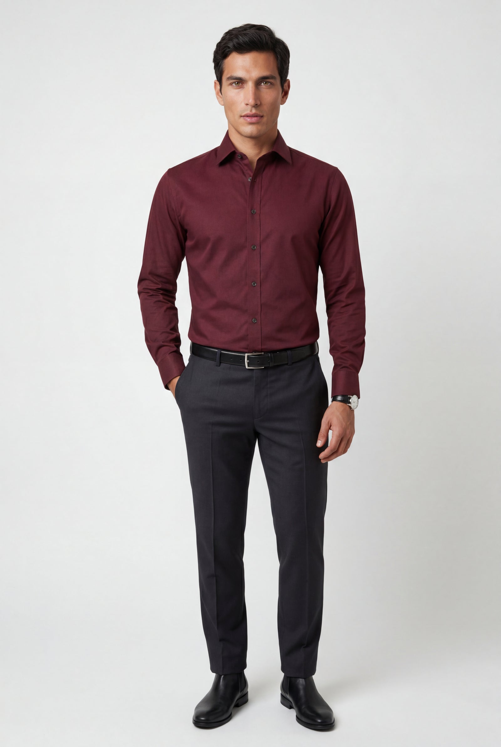 Burgundy Slim Fit Classic Collar Button-up Shirt - Casual Shirts - Photo 9