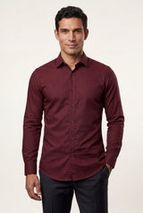 Burgundy Slim Fit Textured Dress Shirt with Spread Collar - Dress Shirts - Photo 1
