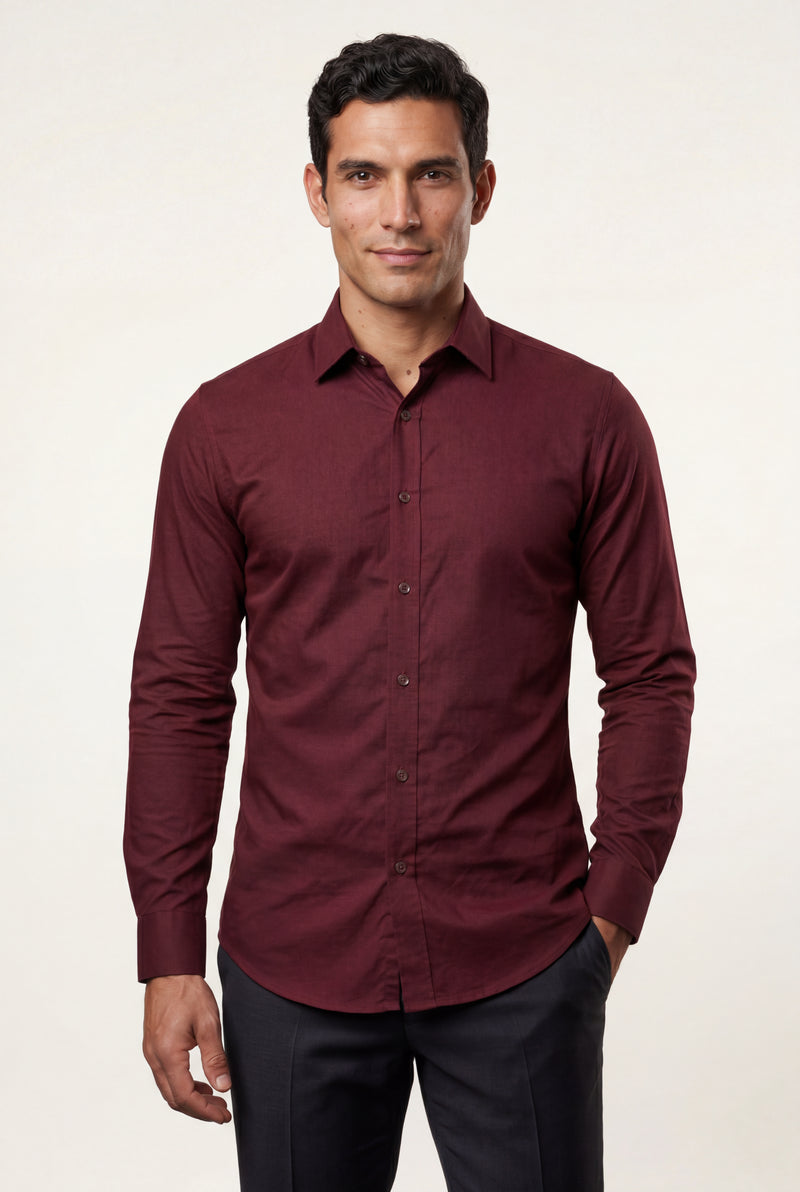 Burgundy Slim Fit Textured Dress Shirt with Spread Collar - Dress Shirts - Photo 1