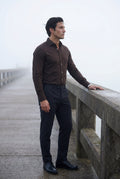 Dark Brown Slim Fit Textured Dress Shirt with Spread Collar - Dress Shirts - Photo 10