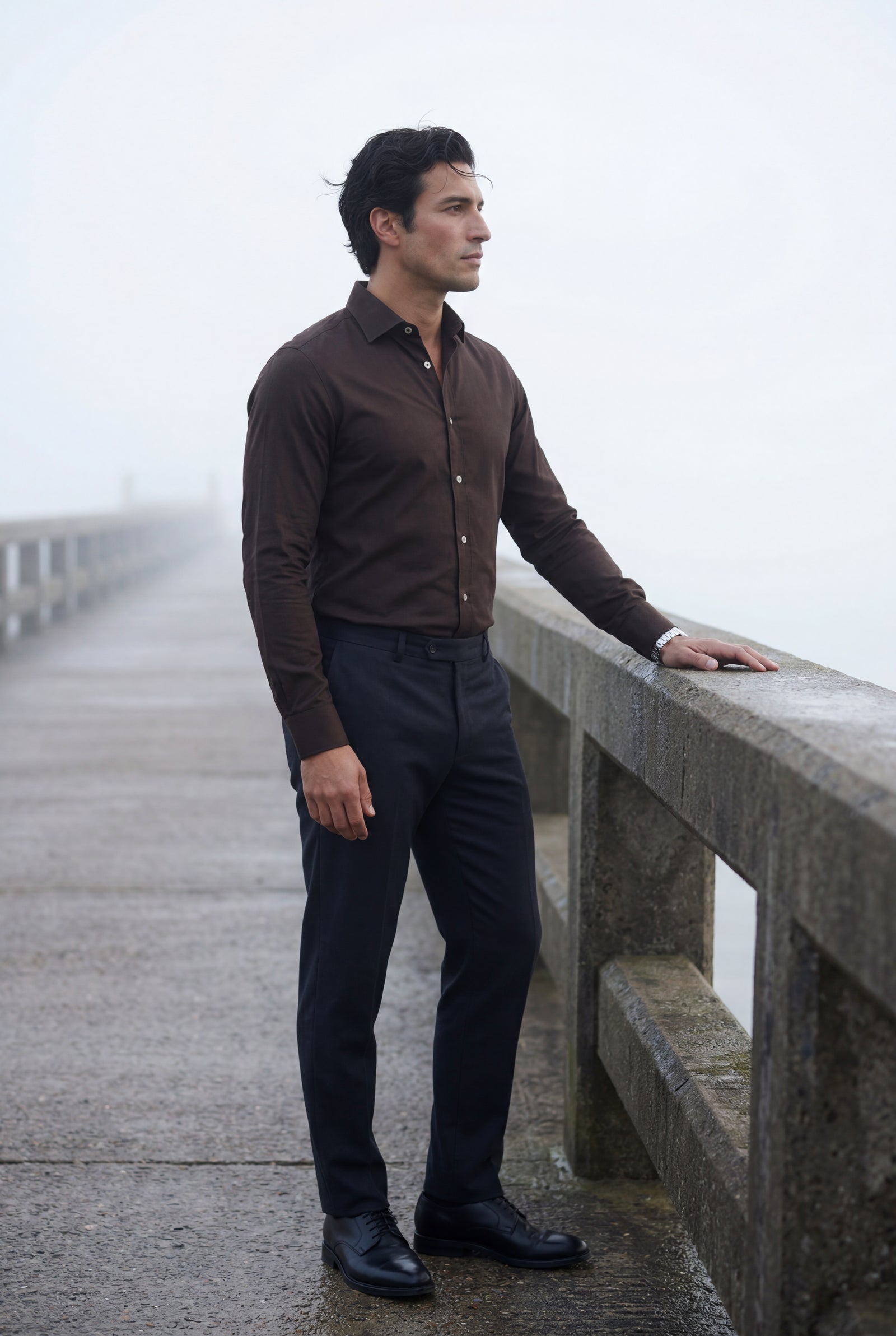 Dark Brown Slim Fit Textured Dress Shirt with Spread Collar - Dress Shirts - Photo 10