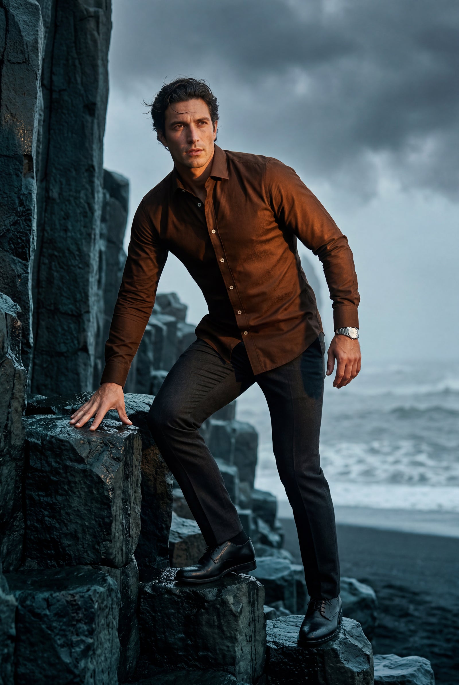 Dark Brown Slim Fit Textured Dress Shirt with Spread Collar - Dress Shirts - Photo 12