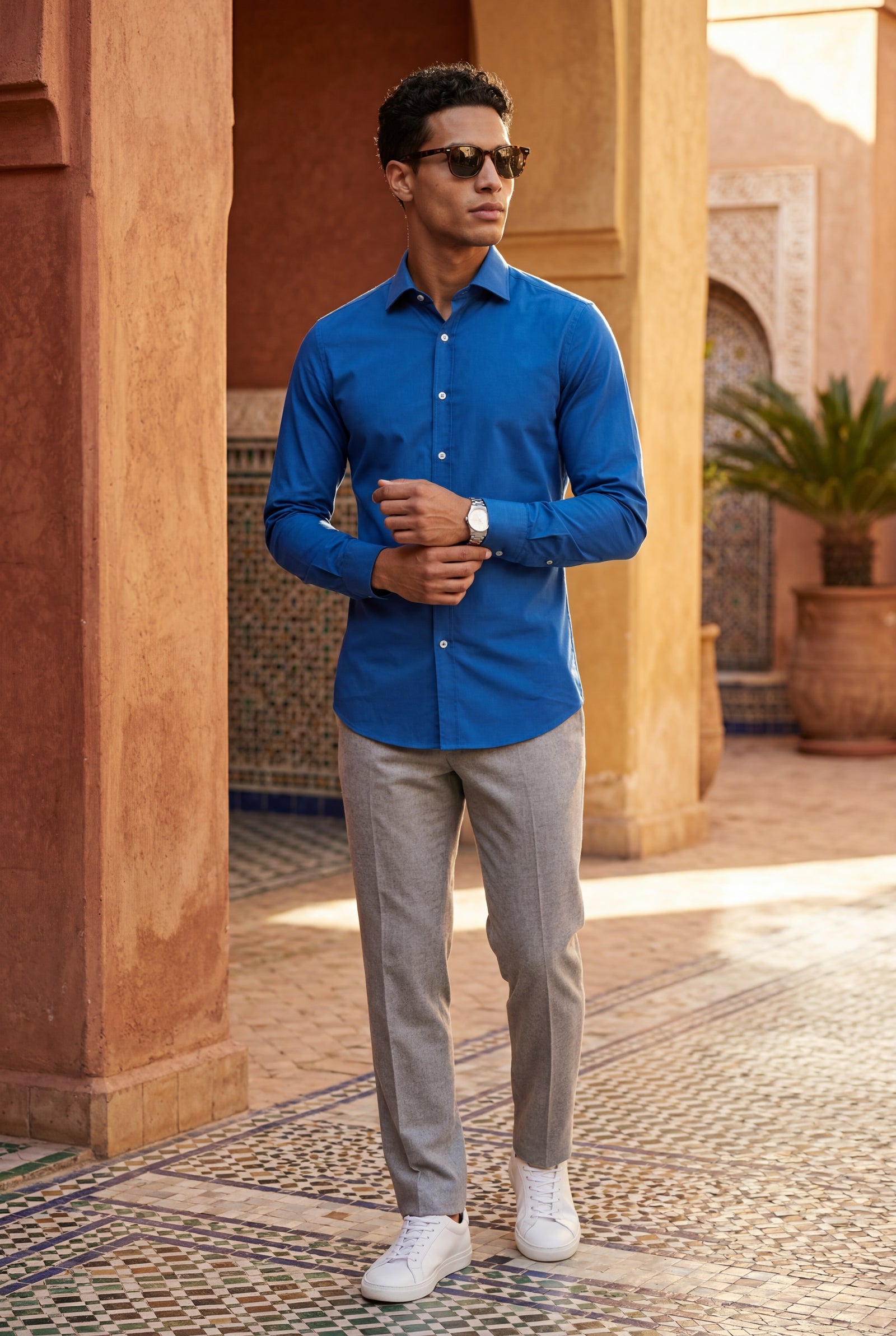Blue Slim Fit Textured Dress Shirt with Spread Collar - Dress Shirts - Photo 6