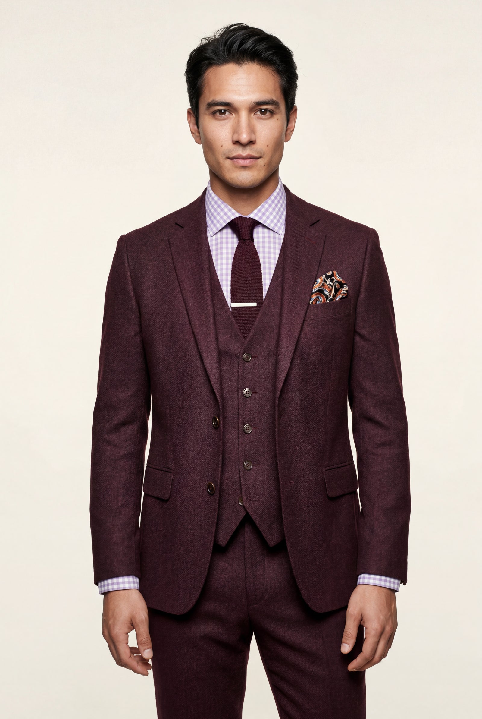 Burgundy Slim Fit Three-piece Tailored Formal Suit Set - Formal suits - Photo 13