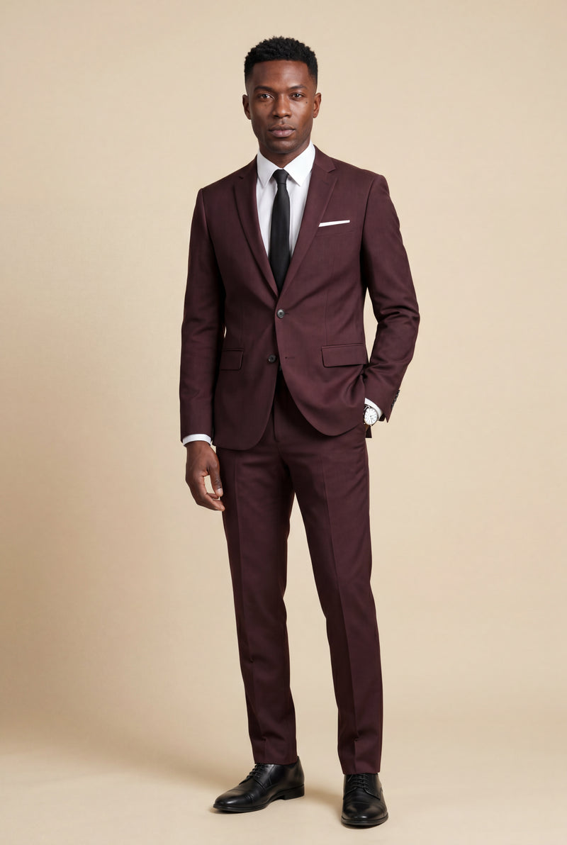 Burgundy Slim Fit Two-piece Business Suit with Notched Lapel - Business suits - Photo 1