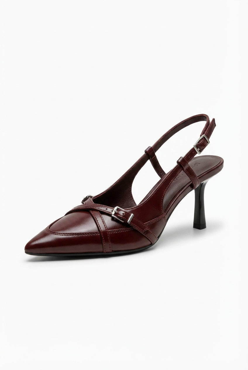 Burgundy Slingback Pointed Toe Heels with Decorative Buckle Strap - Slingback heels - Photo 1