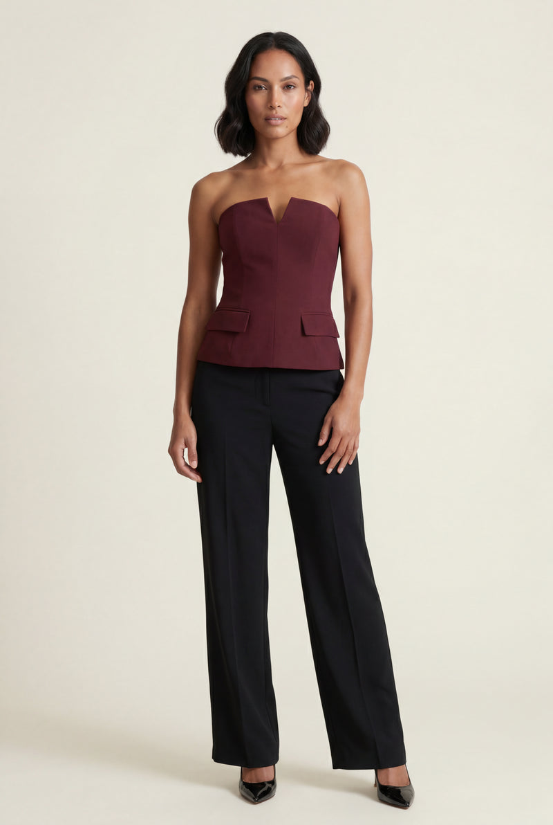 Burgundy Strapless Notched Peplum Architectural Top - Peplum top - Photo 4