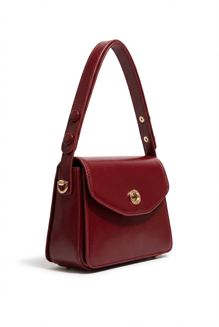 Burgundy Structured Shoulder Bag with Gold Hardware and Adjustable Strap - Shoulder bags - Photo 1