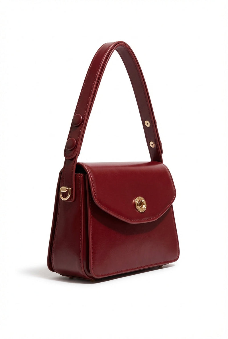 Burgundy Structured Shoulder Bag with Gold Hardware and Adjustable Strap - Shoulder bags - Photo 1